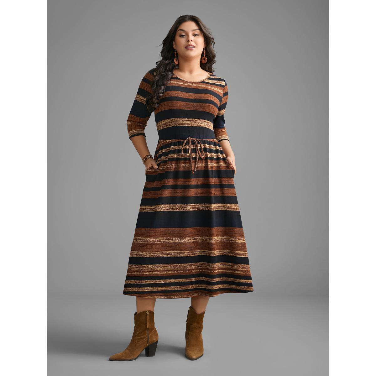 Plus Size Striped Elastic Waist Tie Knot Dress Yellowishbrown Women Resort Tie knot Round Neck Elbow-length sleeve Curvy BloomChic 22-24/3X Product Image