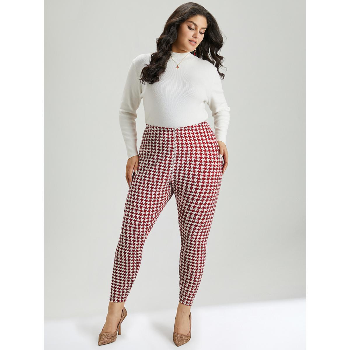 Plus Size Christmas Houndstooth Elastic Waist High Rise Leggings Women Raspberry Elegant High stretch Skinny High Rise Dailywear Leggings BloomChic 10/M Product Image