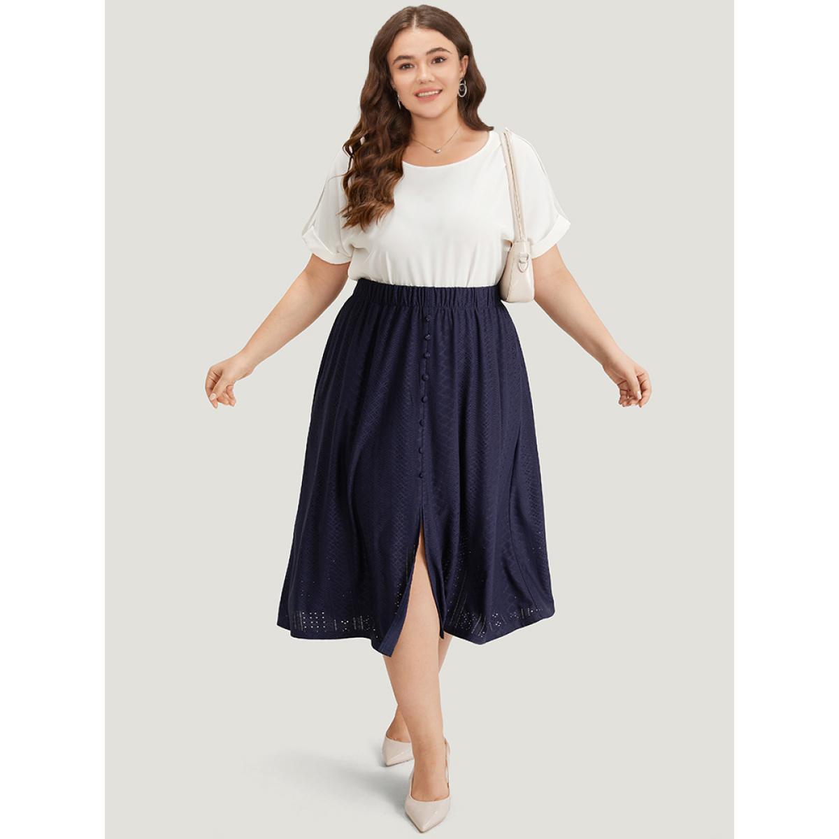 Plus Size Plain Elastic Waist Split Front Cropped Skirt Women Indigo Office Texture Low stretch Pocket Work Skirts BloomChic 12/L Product Image