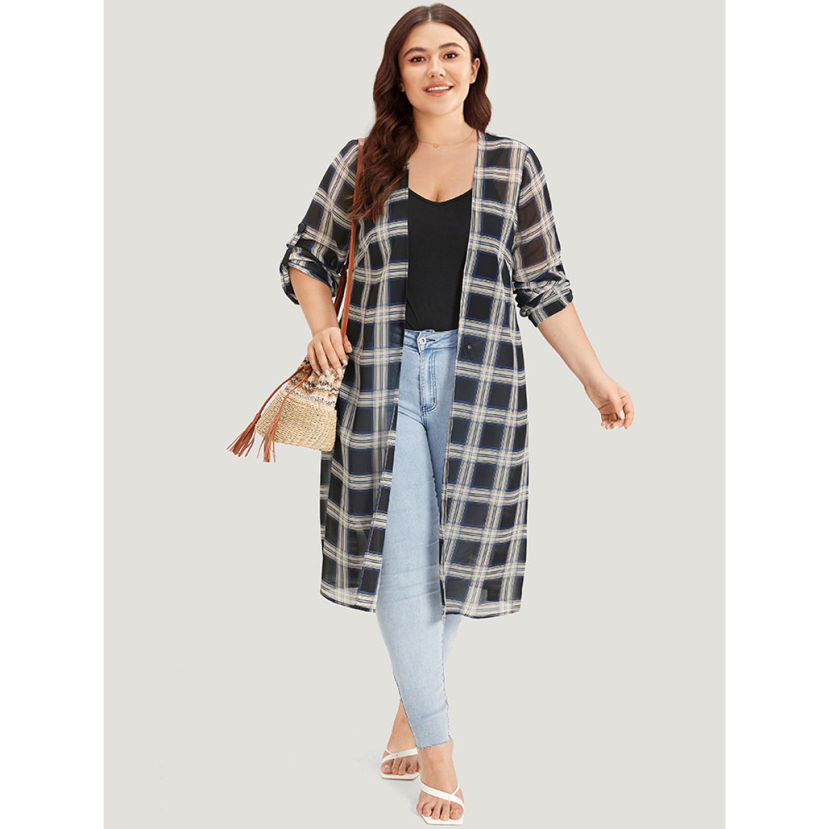 Plus Size Plaid Pocket Open Front Roll Tab Sleeve Kimono Women Black Casual Pocket Pocket Dailywear Kimonos BloomChic 12/L Product Image