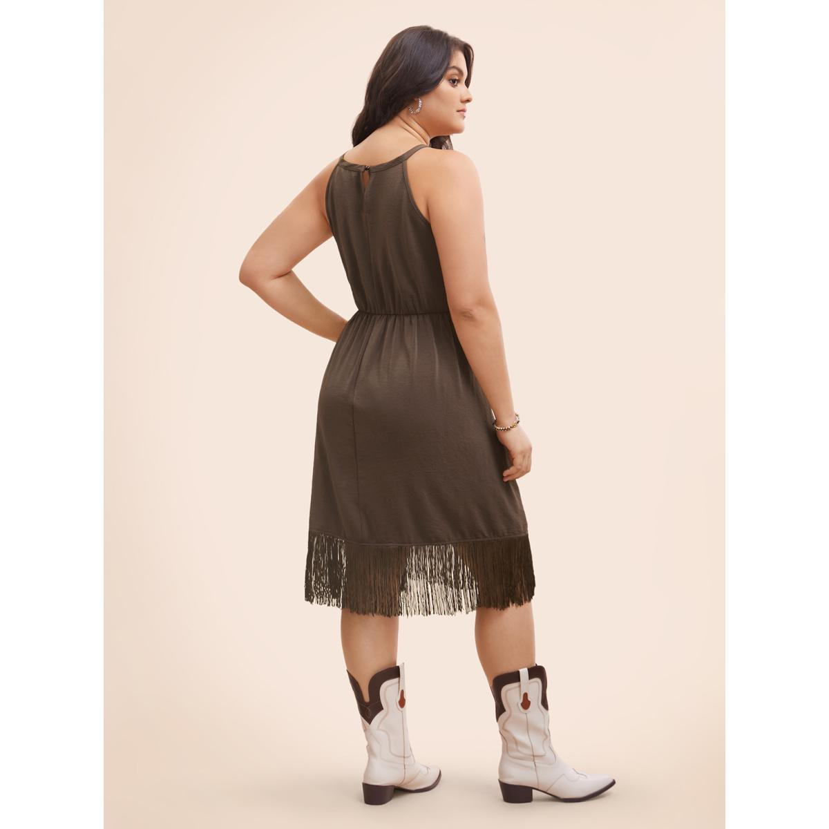 Plus Size Fringed Hem Elastic Waist Midi Dress DarkBrown Women Resort Tassels Non Sleeveless Curvy BloomChic 18-20/2X Product Image