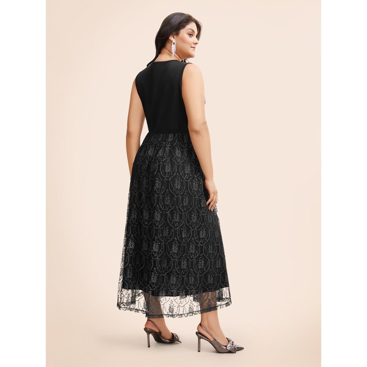 Plus Size Embroidered Mesh Patchwork Sleeveless Dress Black Women Formal Texture Overlap Collar Sleeveless Curvy BloomChic 10/M Product Image