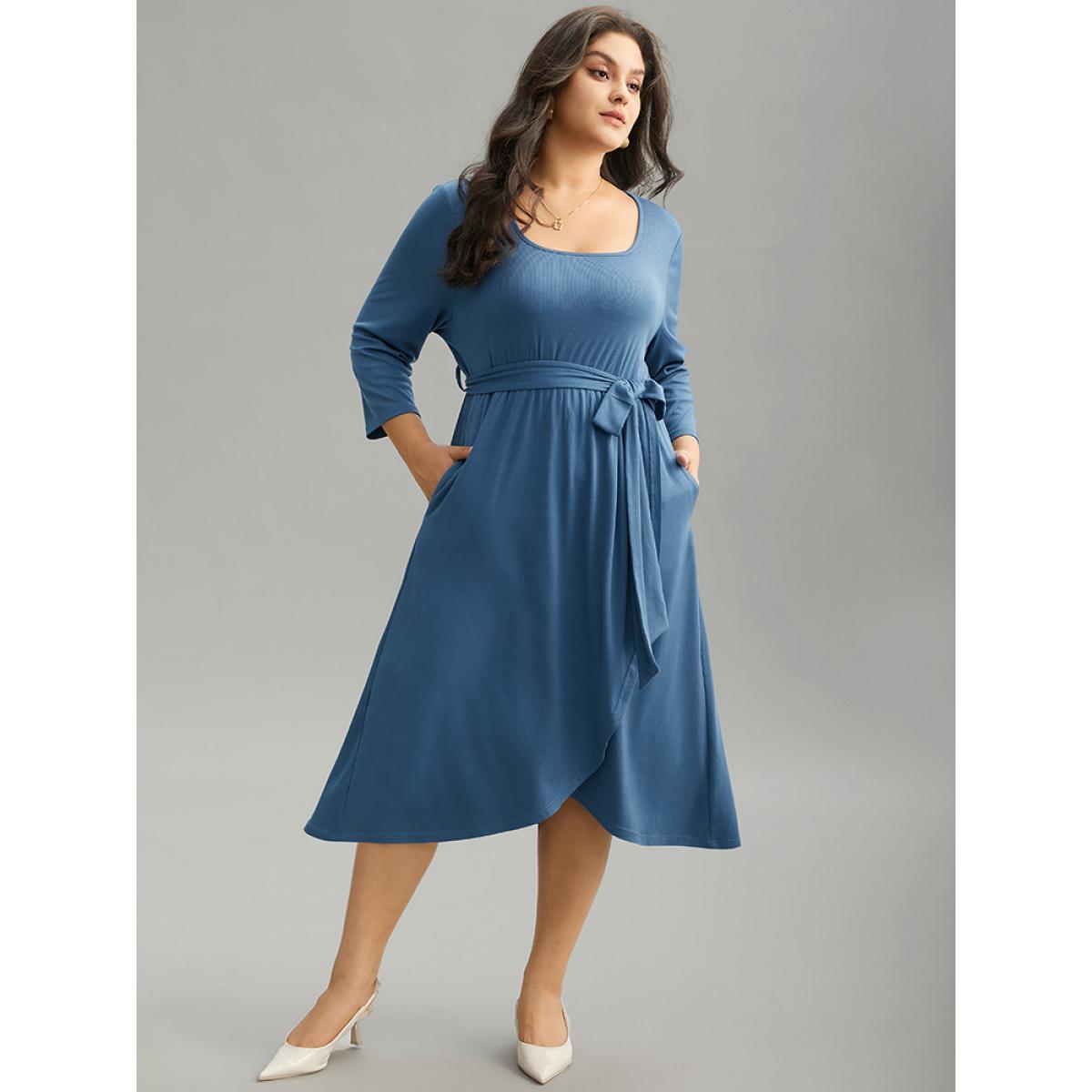 Plus Size Plain Square Neck Arc Hem Belted Wrap Dress Stone Women Office Wrap Square Neck Elbow-length sleeve Curvy Midi Dress BloomChic 14-16/1X Product Image