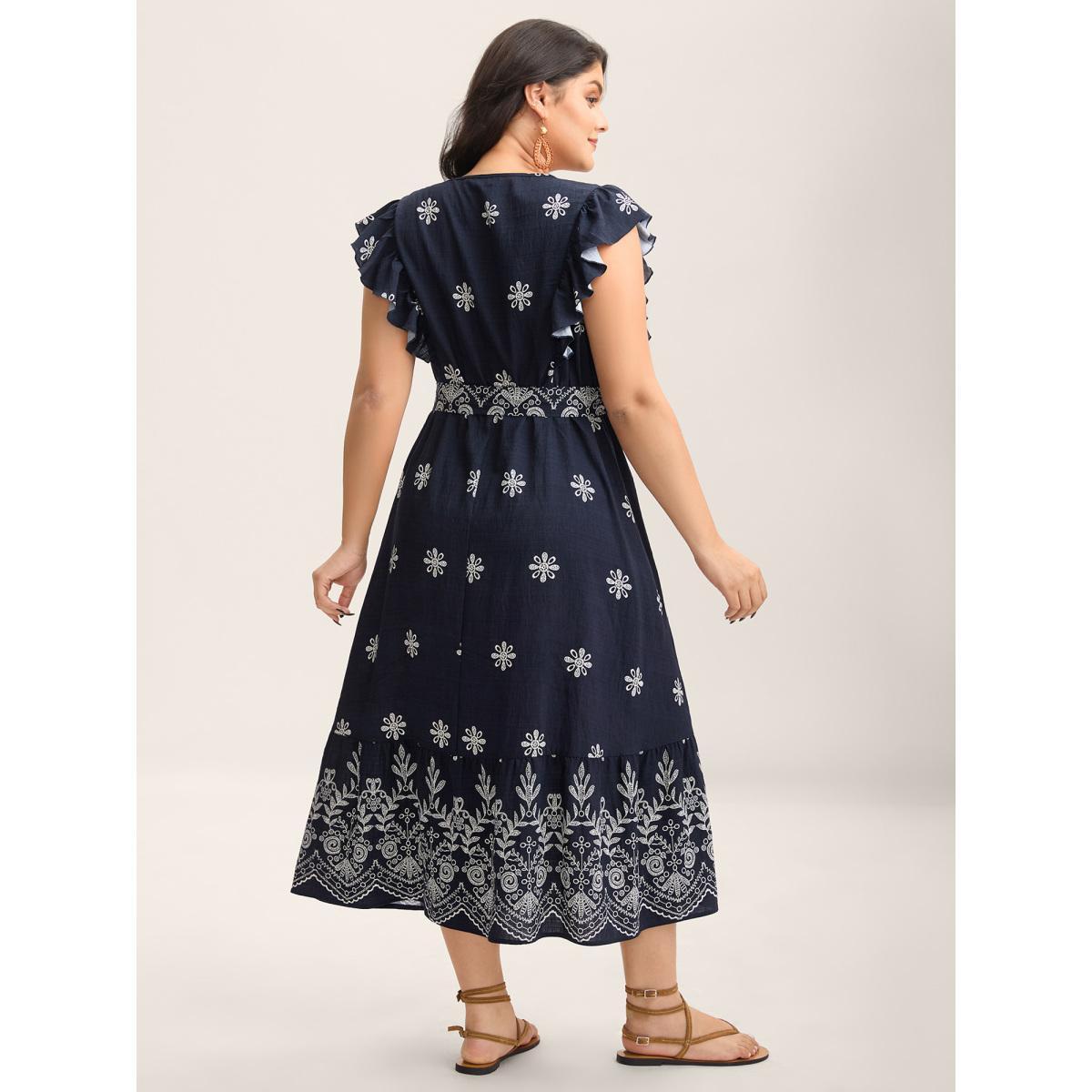 Plus Size Rayon Stretchy Waist Pockets Flutter Midi Dress Indigo Women Overlap Collar Cap Sleeve Curvy BloomChic 30/6X Product Image