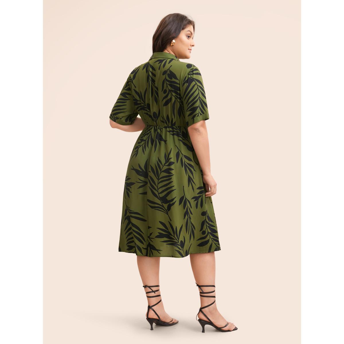 Plus Size Tropical Print Shirt Collar Midi Dress ArmyGreen Women Elegant Button Shirt collar Short sleeve Curvy BloomChic 18-20/2X Product Image