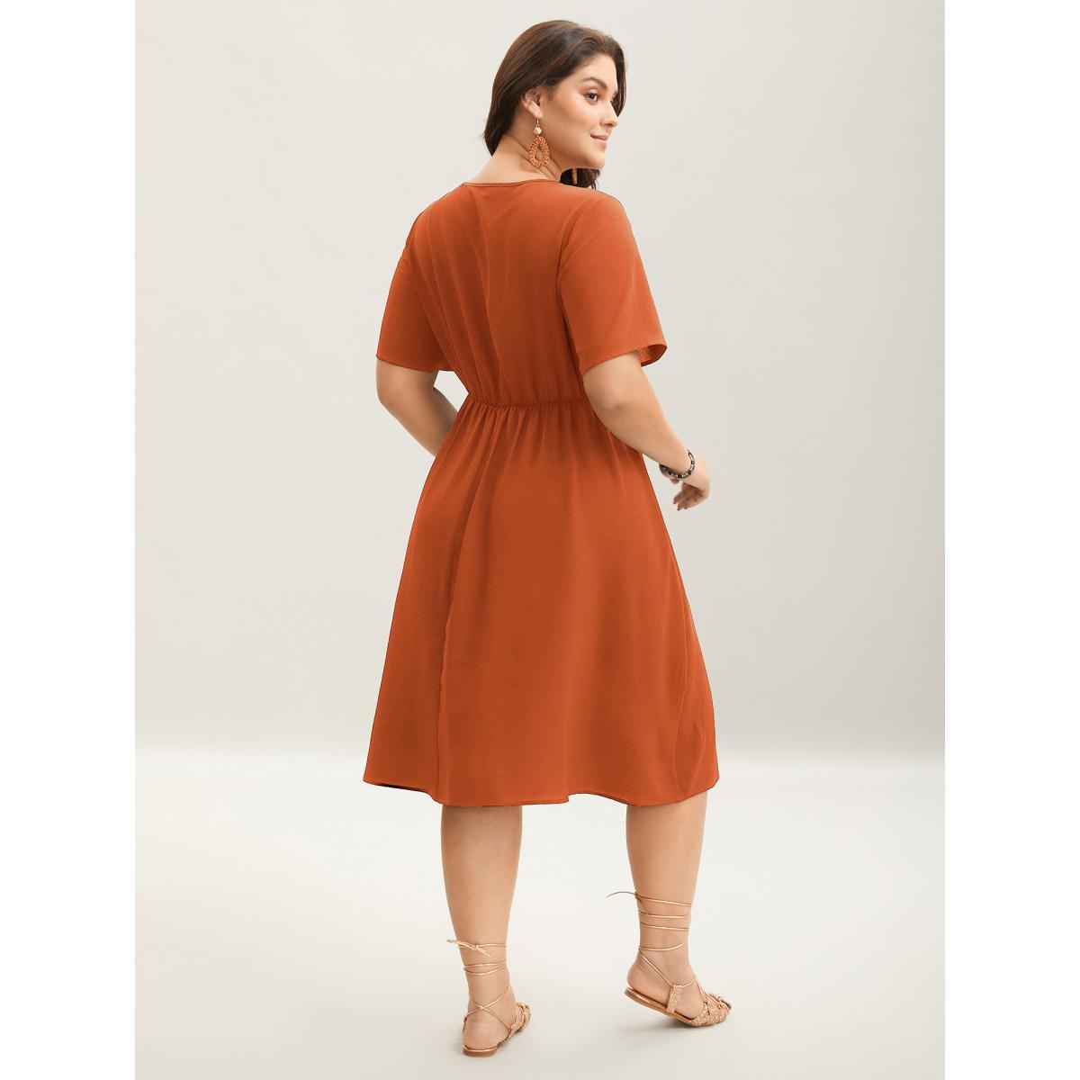 Plus Size Floral Embroidered Waist-Cinched Midi Dress Brightorange Women Round Neck Short sleeve Curvy BloomChic 12/L Product Image