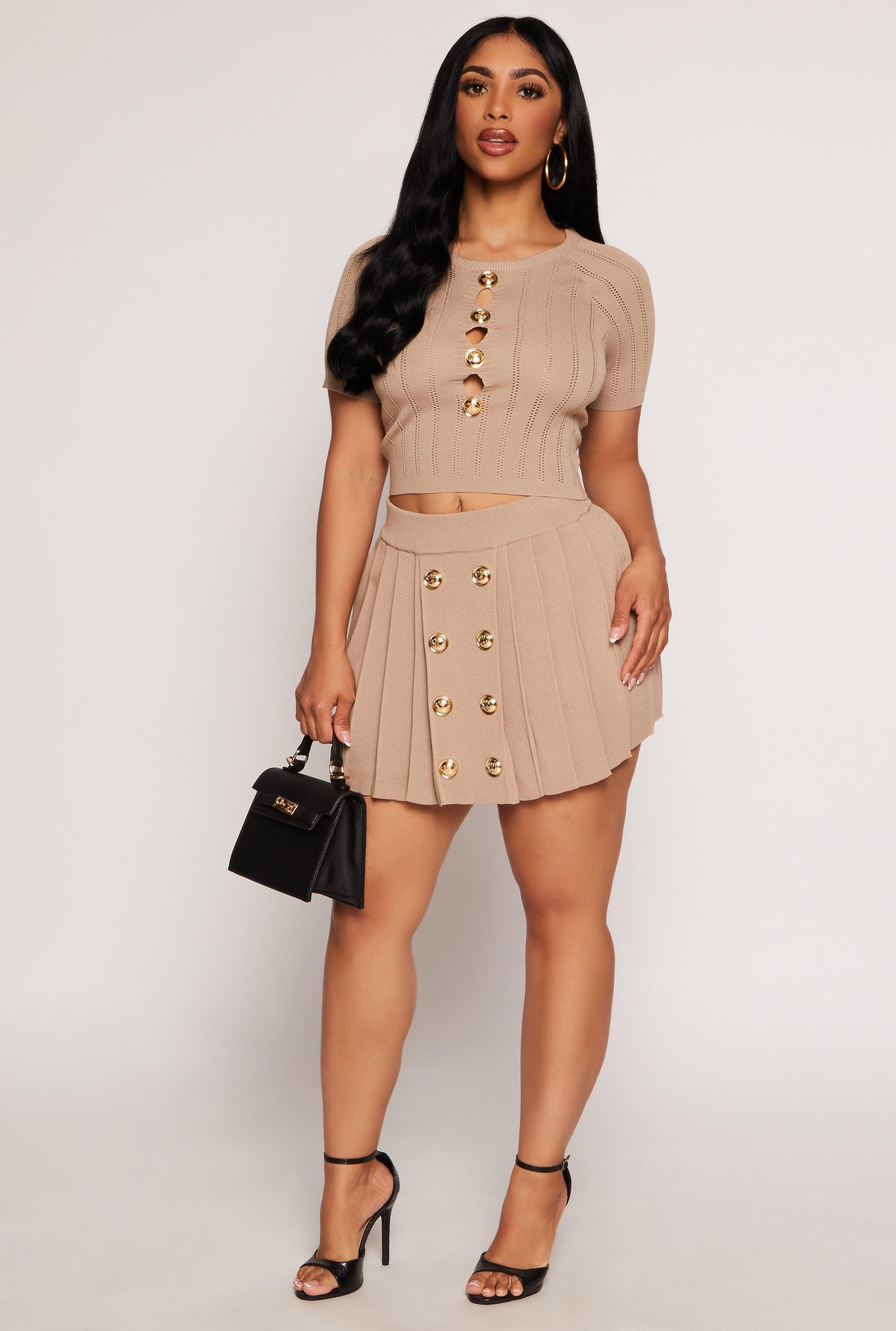 Womens Button Detail High Waisted Pleated Skirt Product Image