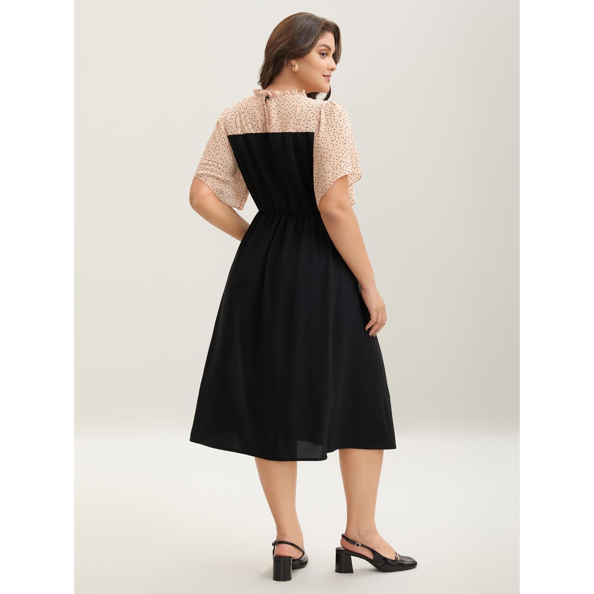 Plus Size Round Ruffled Neck Color Contrast Midi Dress Black Women Elegant See through Round Neck Short sleeve Curvy BloomChic 10/M Product Image