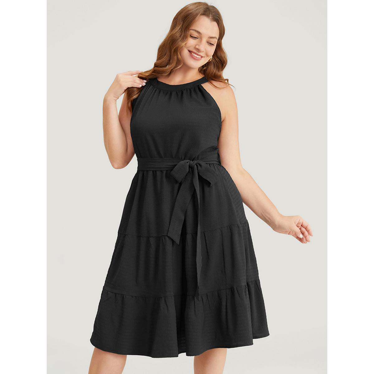 Plus Size Solid Knot Halter Pocket Belted Ruffles Tiered Hem Dress Black Women Elegant Gathered Halter neck Sleeveless Curvy Knee Dress BloomChic 30/6X Product Image