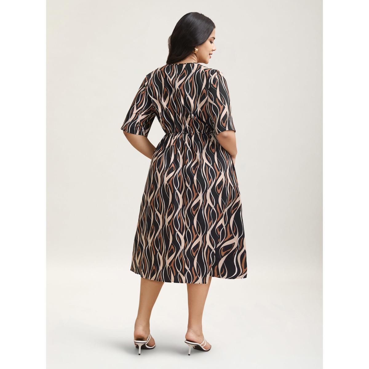 Plus Size Abstract Print Surplice Neck Pockets Midi Dress BlackFlower Women Elegant Non Overlap Collar Short sleeve Curvy BloomChic 22-24/3X Product Image