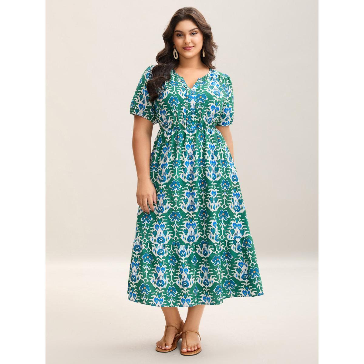 Plus Size Boho Pattern Stretchy Waist Pockets Midi Dress Teal Women Flat collar with V-notch Short sleeve Curvy BloomChic 10/M Product Image