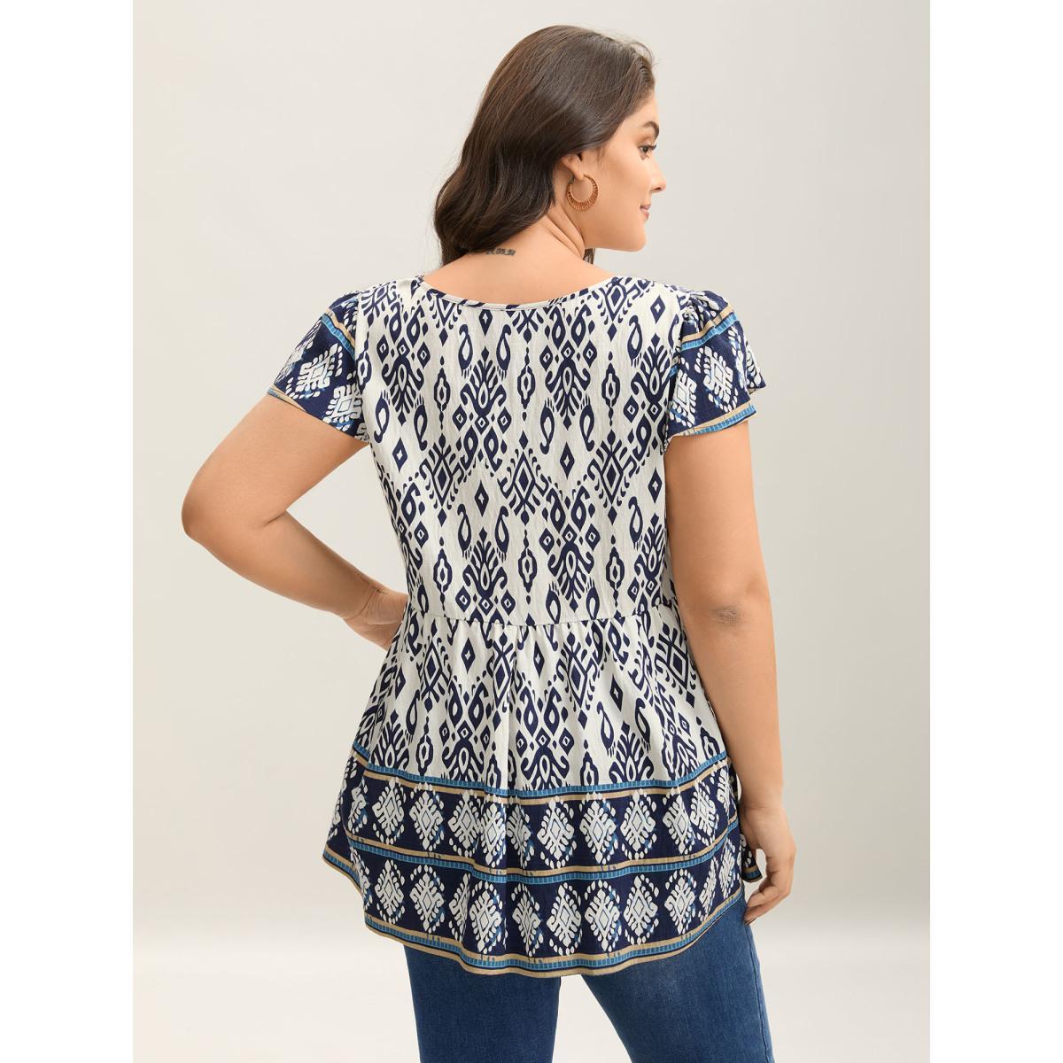 Plus Size Indigo Boho Print High-Low Hem Shirt Women Resort Cap Sleeve V-neck Vacation Blouses BloomChic 30/6X Product Image