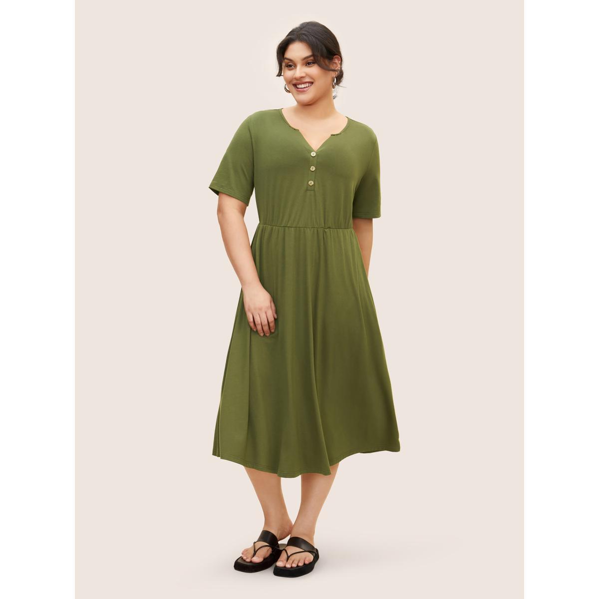 Plus Size Notched Solid Button Detail Midi Dress ArmyGreen Women Basics Button Flat collar with V-notch Short sleeve Curvy BloomChic 12/L Product Image