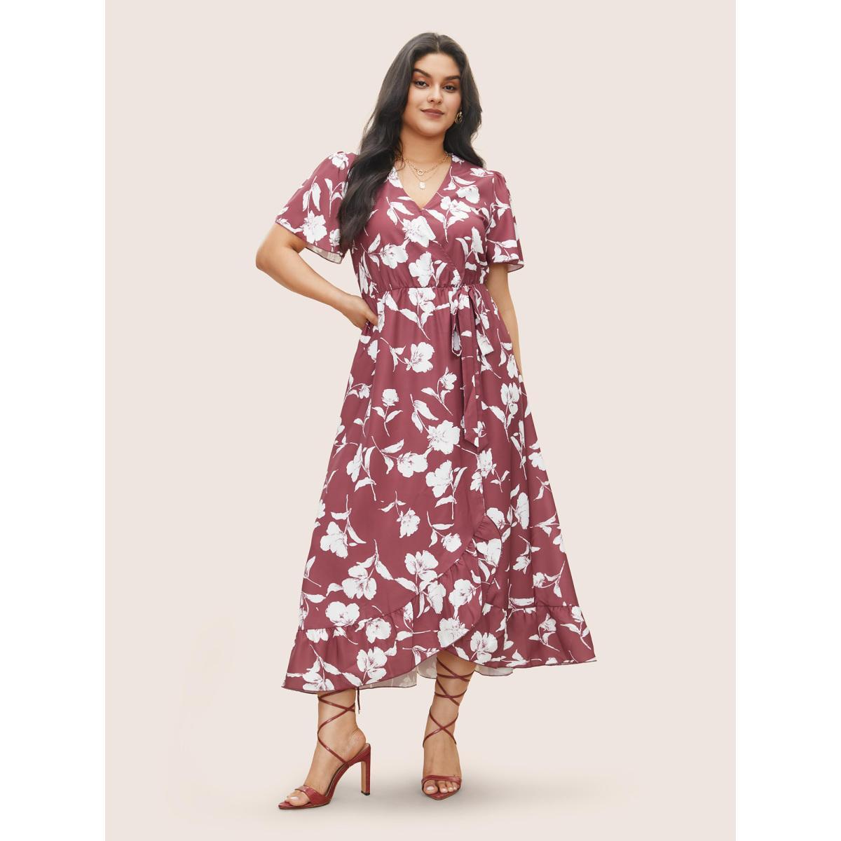 Plus Size Floral Ruffle Knot Side Wrap Dress DustyPink Women Elegant Ruffles V-neck Short sleeve Curvy Midi Dress BloomChic 10/M Product Image