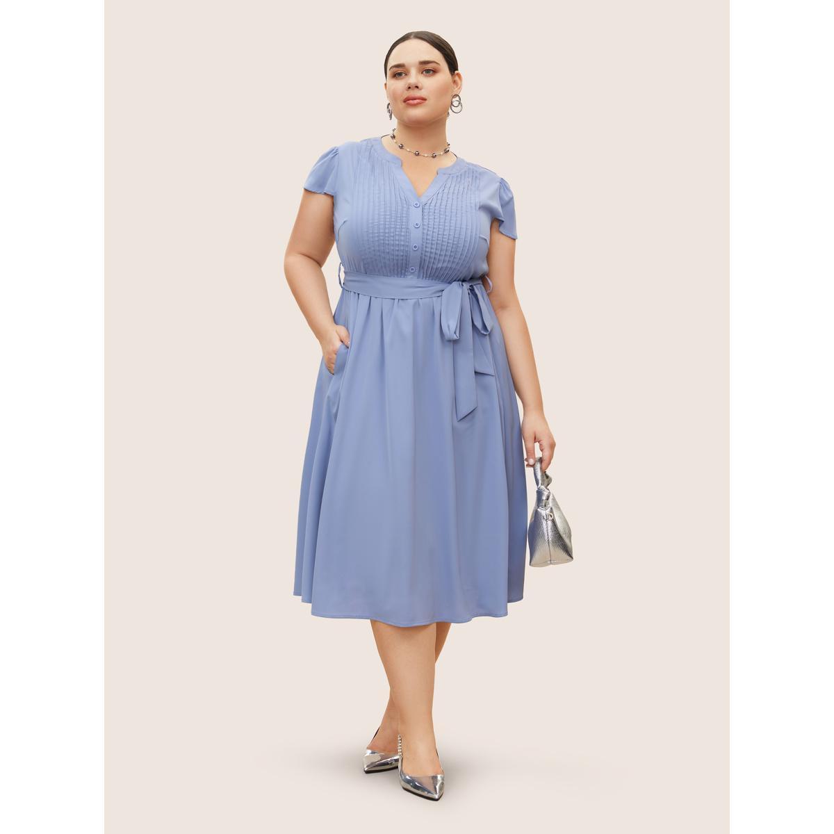 Plus Size Plain Pleated Button Detail Cap Sleeve Dress Stone Women At the Office Tucked seam Flat collar with V-notch Cap Sleeve Curvy BloomChic 10/M Product Image