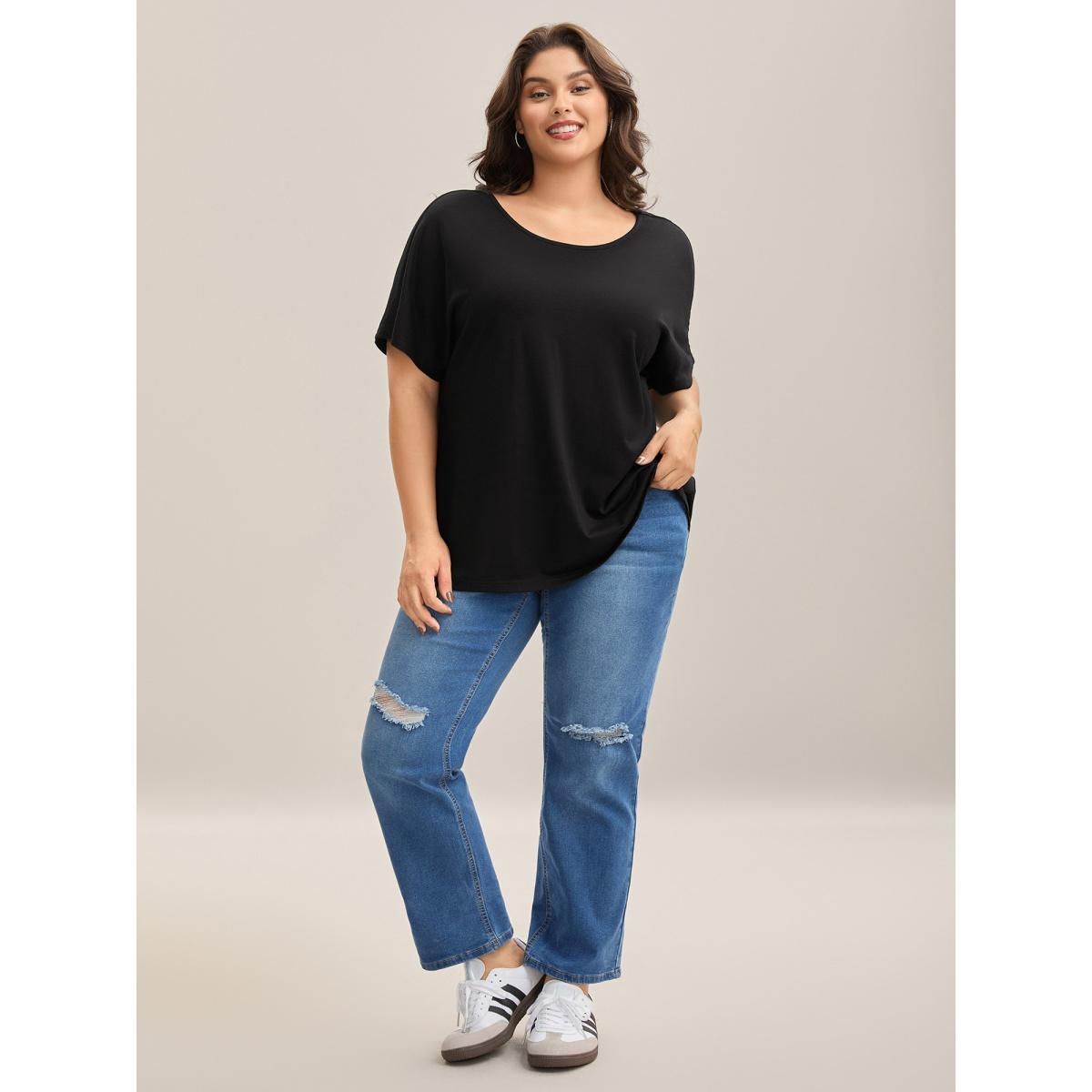 Plus Size Backless Knotted Plain T-Shirt Black Women Twist Round Neck Everyday-Casual T-shirts BloomChic 12/L Product Image