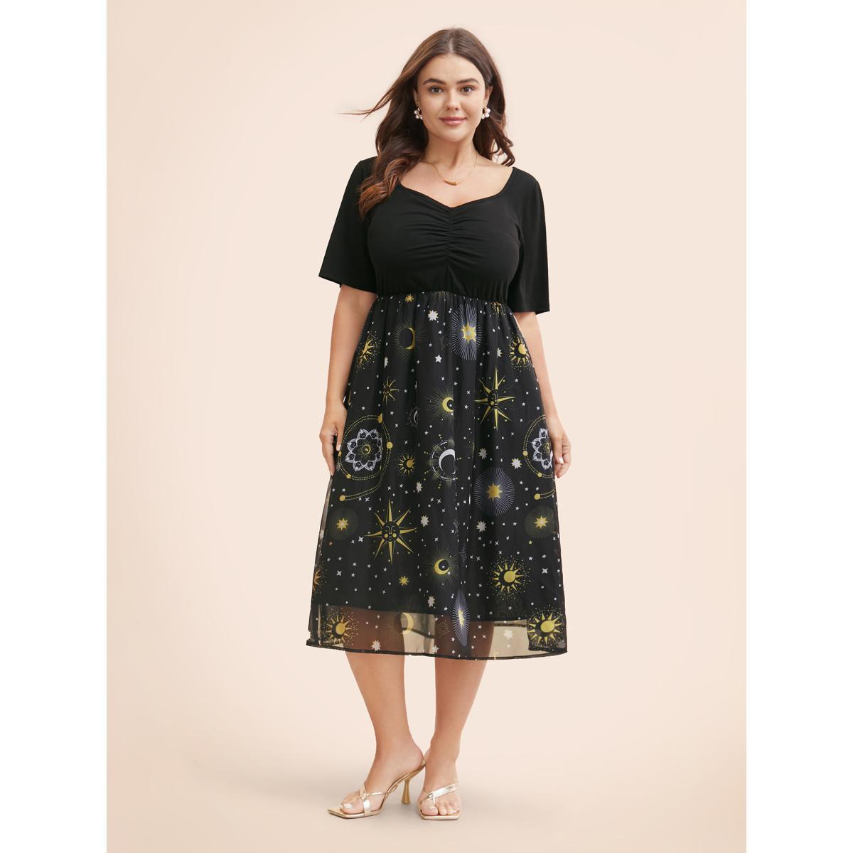 Plus Size Halloween Moon & Star Print Ruched Patchwork Dress Black Women Elegant Gathered Square Neck Short sleeve Curvy Midi Dress BloomChic 18-20/2X Product Image