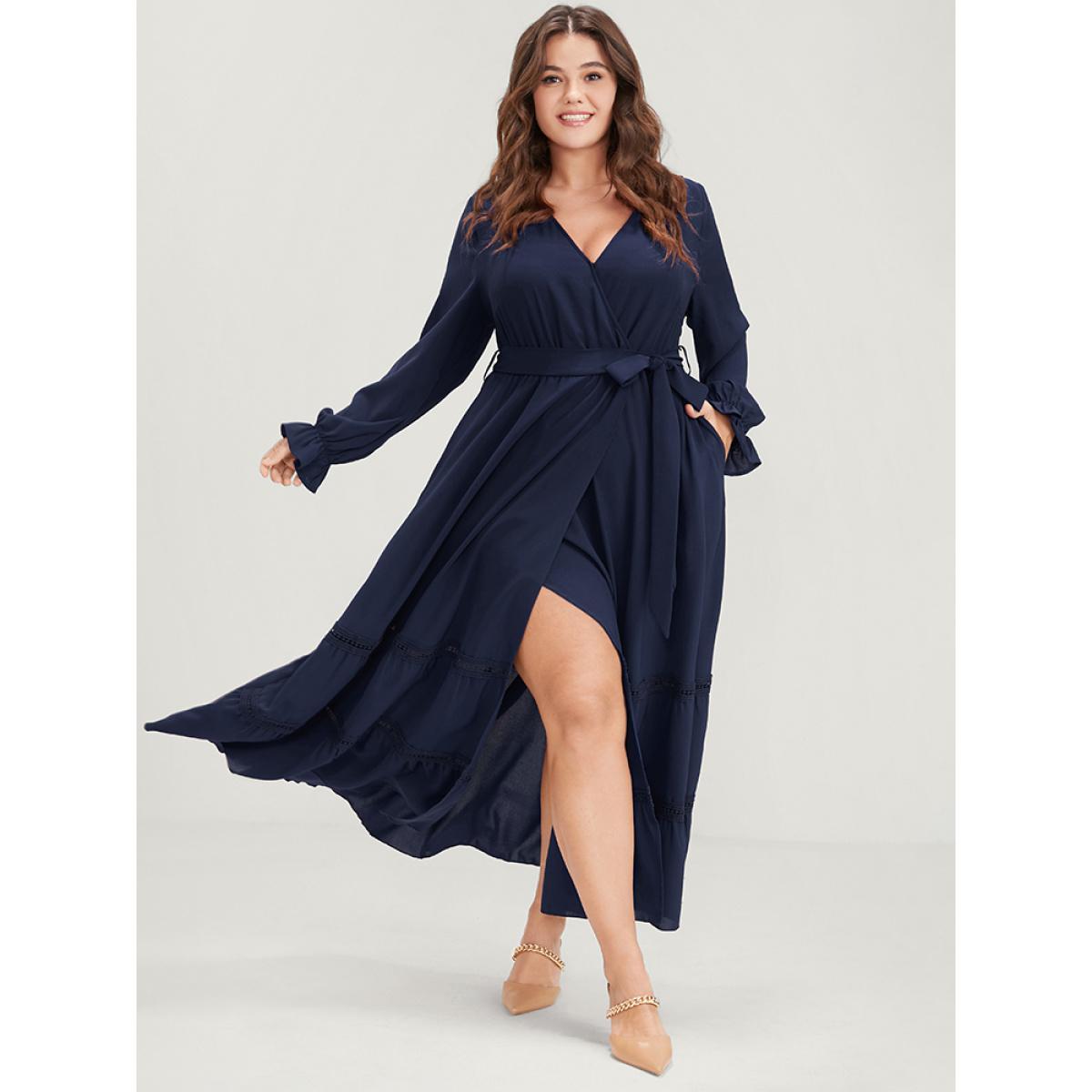 Plus Size Solid Lantern Sleeve Crochet Lace Button Ties Belted Maxi Dress DarkBlue Women Elegant Plain V-neck Long Sleeve Curvy Long Dress BloomChic 12/L Product Image
