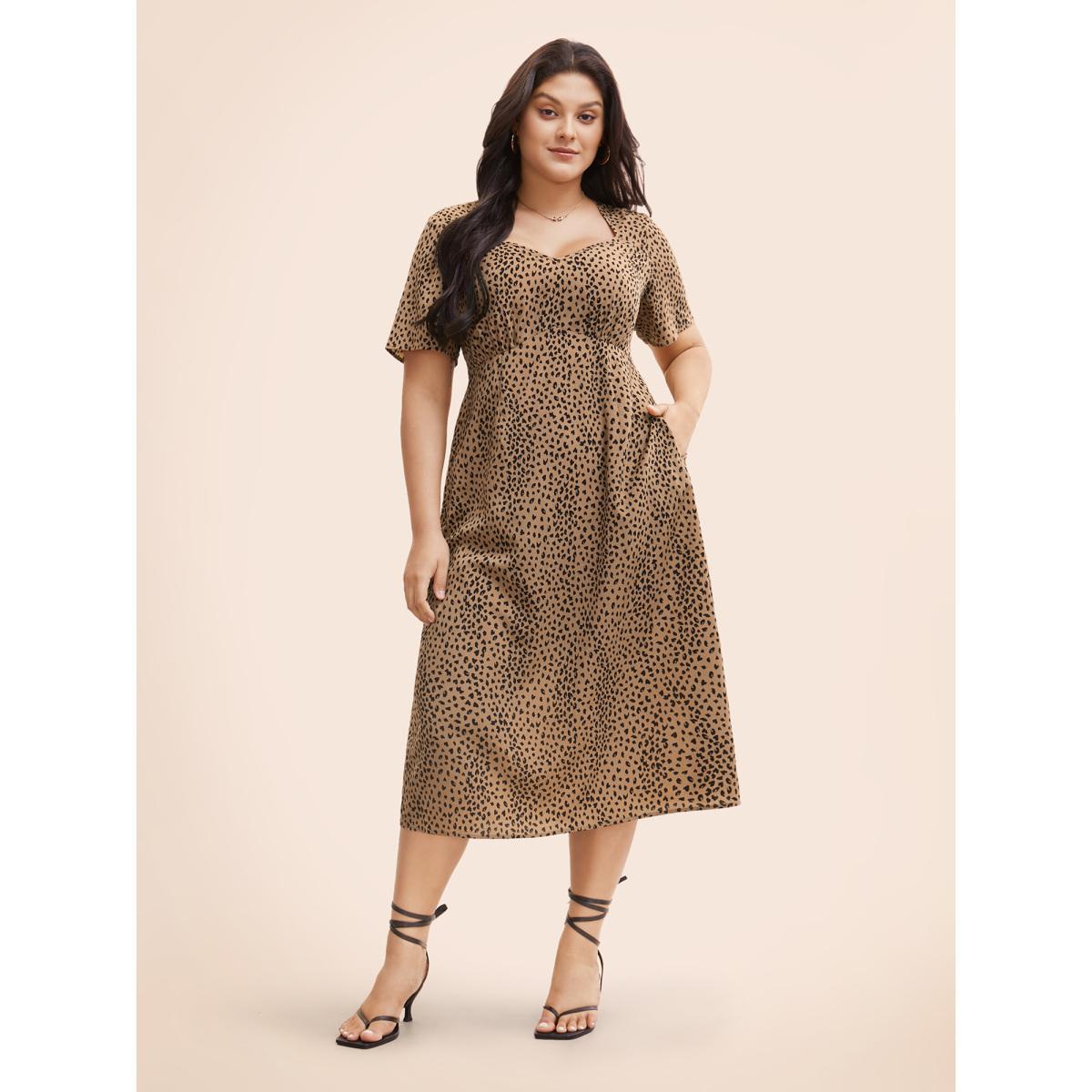 Plus Size Leopard Print Heart Neckline Split Side Dress Bronze Women Elegant Gathered Heart neckline Short sleeve Curvy BloomChic 12/L Product Image