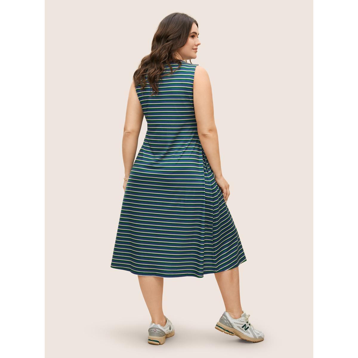 Plus Size Contrast Striped Pleated Pocket Tank Dress Mediumblue Women Casual Contrast Round Neck Sleeveless Curvy BloomChic 26/4X Product Image