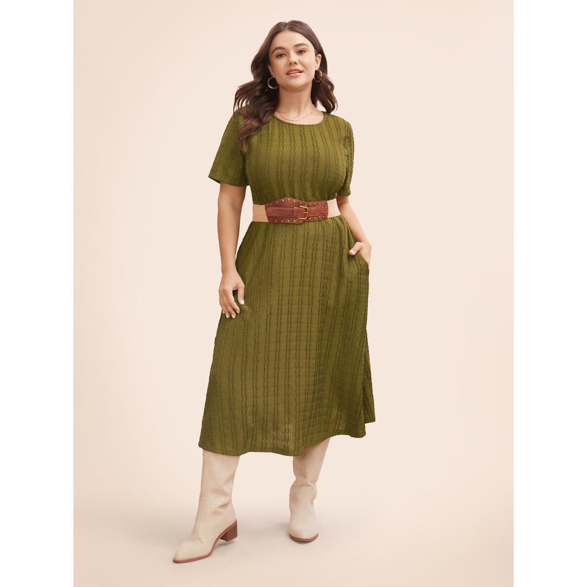 Plus Size Solid Textured Crew Neck Midi Dress DarkGreen Women Elegant Tucked seam Round Neck Short sleeve Curvy BloomChic 28/5X Product Image