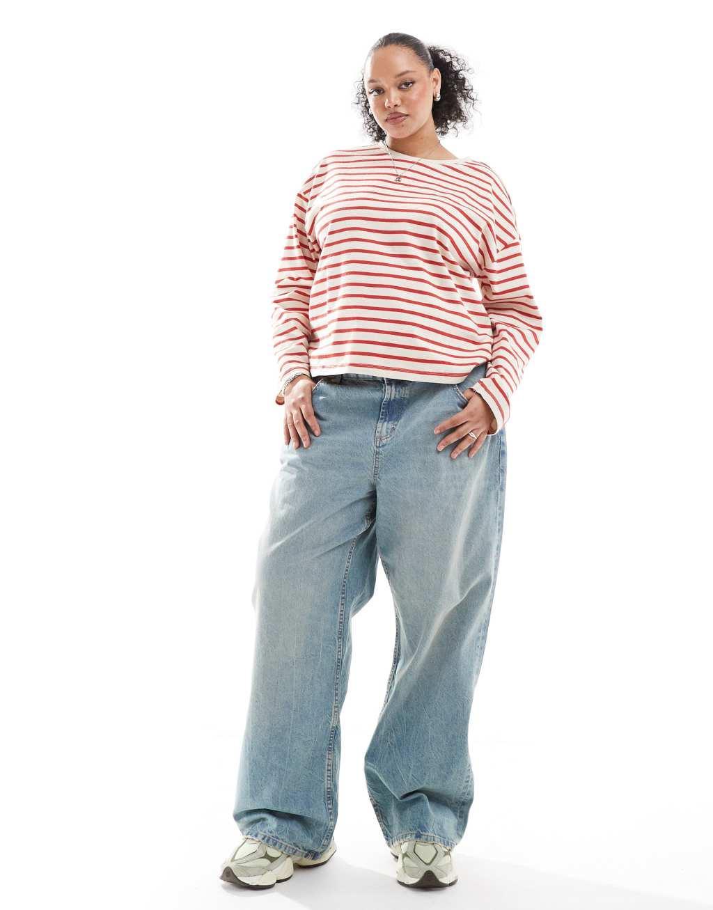 ONLY Curve long sleeve striped t-shirt in cream & red stripe    Product Image