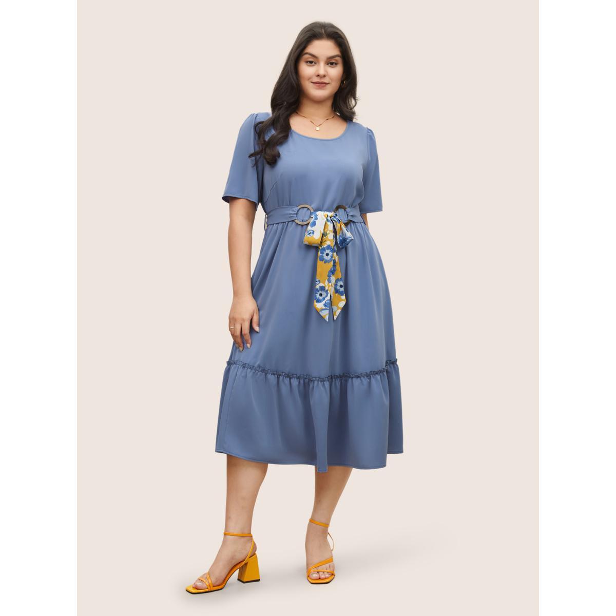 Plus Size Solid Frill Trim Buckle Detail Belted Dress Stone Women Elegant Non Round Neck Short sleeve Curvy Midi Dress BloomChic 18-20/2X Product Image