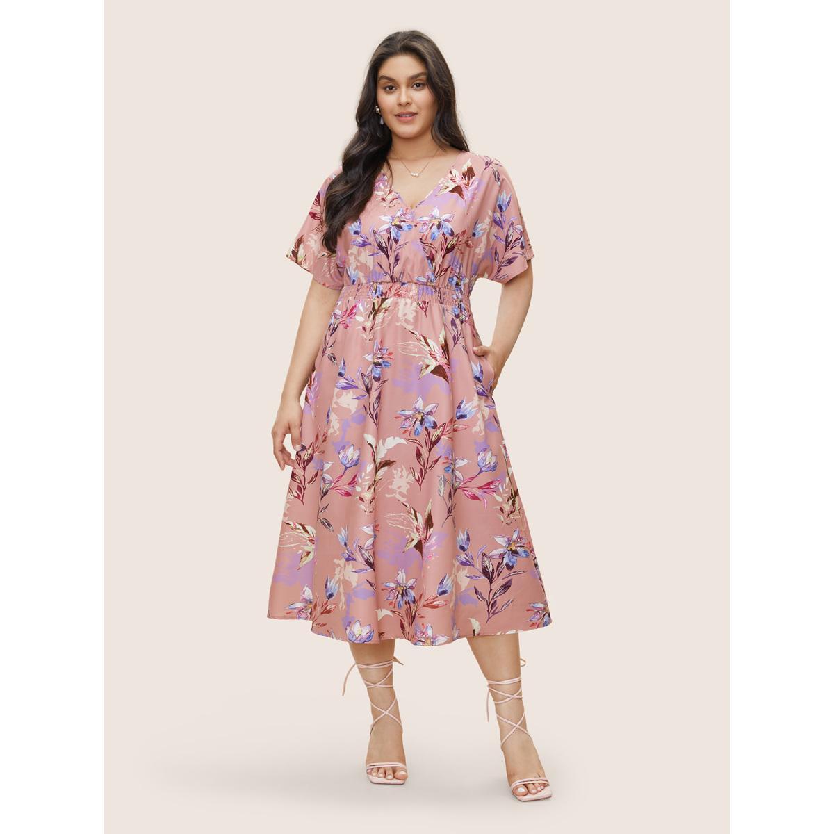 Plus Size Floral Shirred Overlap Collar Elastic Waist Dress Crepe Women Elegant Non Overlap Collar Short sleeve Curvy Midi Dress BloomChic 30/6X Product Image