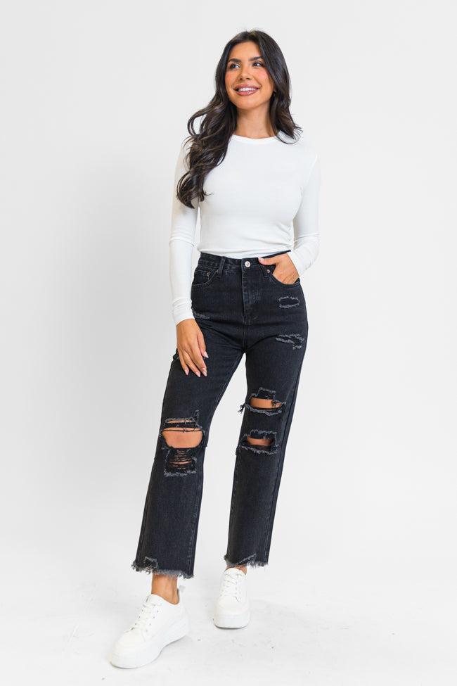 Megan Black Wash Distressed Straight Leg Mom Jeans FINAL SALE Product Image