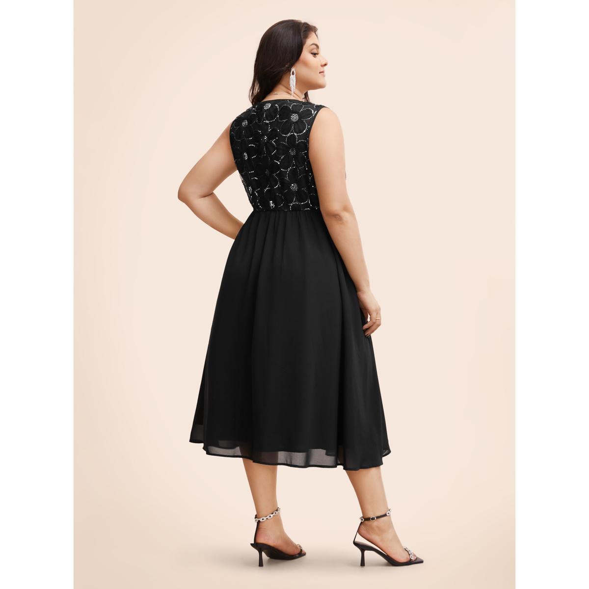 Plus Size V Neck Sequin Floral Patchwork Dress Black Women Formal Texture V-neck Sleeveless Curvy BloomChic 10/M Product Image