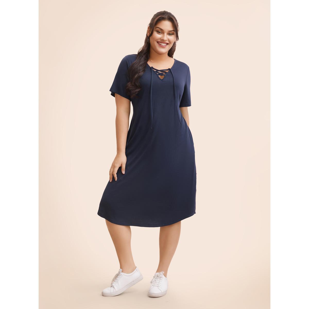 Plus Size Solid Lace Up Pocket Midi Dress Indigo Women Casual Wraparound straps V-neck Short sleeve Curvy BloomChic 18-20/2X Product Image