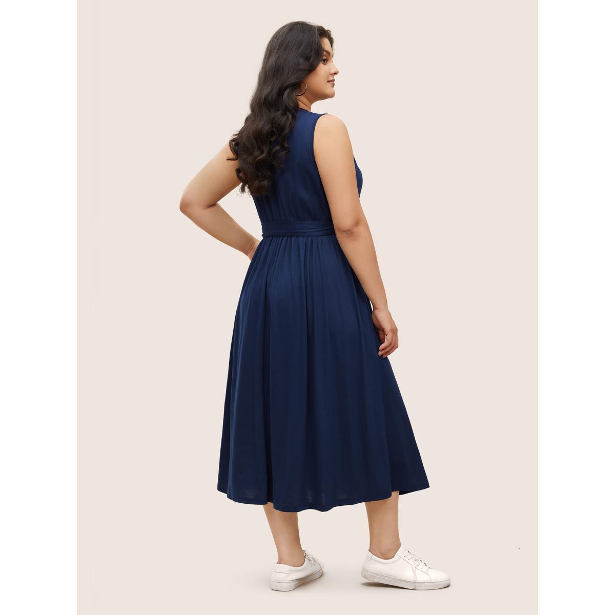Plus Size Solid Slit Hem Sleeveless Belted Dress DarkBlue Women Casual Belted Round Neck Sleeveless Curvy BloomChic 14-16/1X Product Image