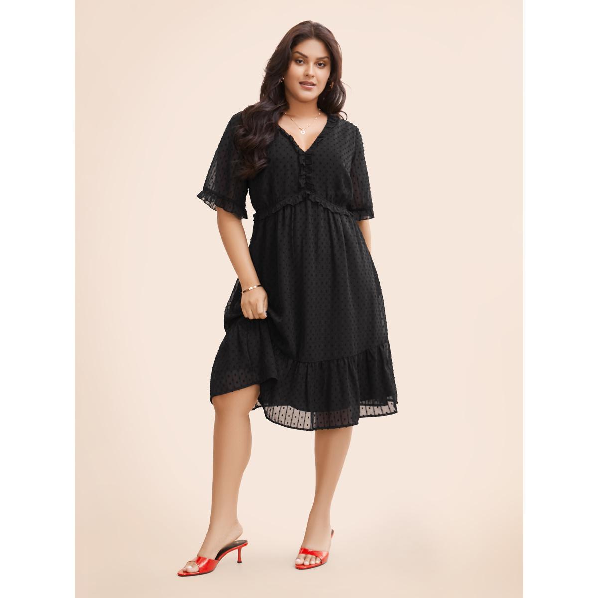Plus Size Jacquard V Neck Ruffle Sleeve Dress Black Women Elegant Texture V-neck Half Sleeve Curvy BloomChic 18-20/2X Product Image