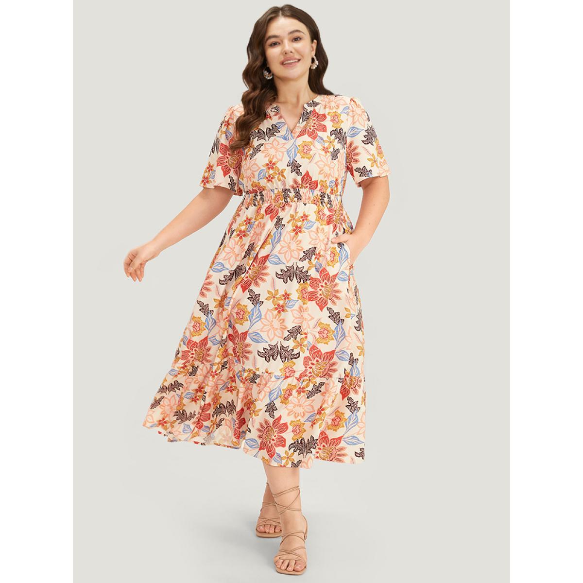 Plus Size Floral Print Shirred Pocket Notched Ruffled Hem Dress MistyRose Women Vacation Printed Notched collar Short sleeve Curvy Midi Dress BloomChic 30/6X Product Image