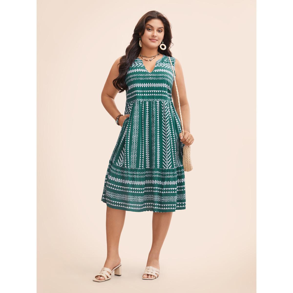 Plus Size Striped Geometric Pocket Ruffle Hem Sleeveless Tank Dress DarkGreen Women Casual Non V-neck Sleeveless Curvy BloomChic 10/M Product Image