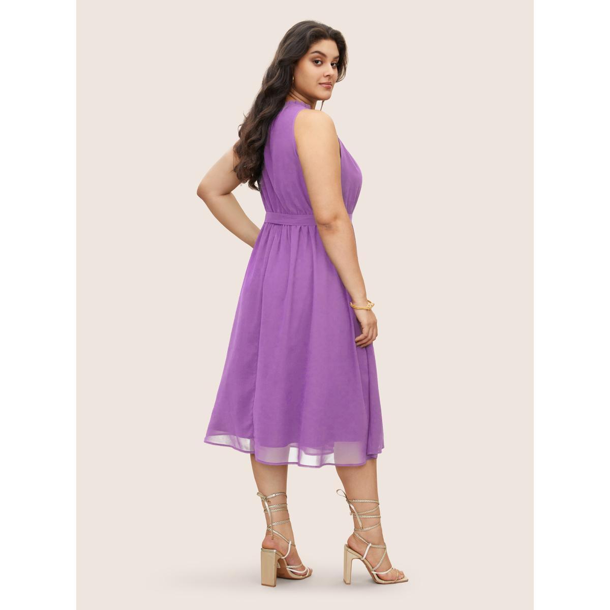 Plus Size Plain Sleeveless Frill Trim Pocket Belted Mock Neck Dress Lilac Women At the Office Pocket Mock Neck Sleeveless Curvy Midi Dress BloomChic 12/L Product Image