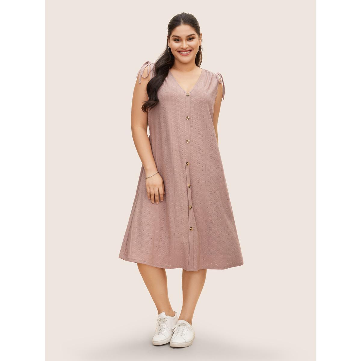 Plus Size V Neck Button Detail Sleeveless Drawstring Dress Dirtypink Women Casual Texture V-neck Sleeveless Curvy BloomChic 26/4X Product Image