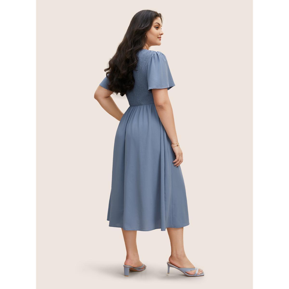 Plus Size V Neck Shirred Gathered Lace Up Dress Stone Women Elegant Wraparound straps V-neck Short sleeve Curvy BloomChic 14-16/1X Product Image