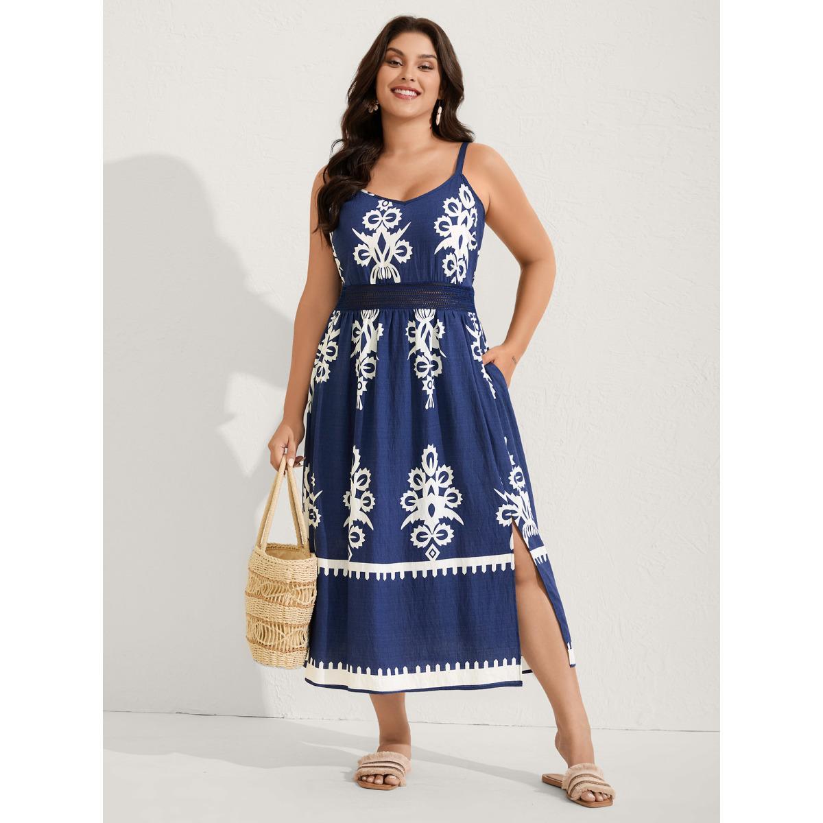 Plus Size Rayon Stretchy Waist Boho Slit Midi Dress Indigo Women Non Sleeveless Curvy BloomChic 22-24/3X Product Image