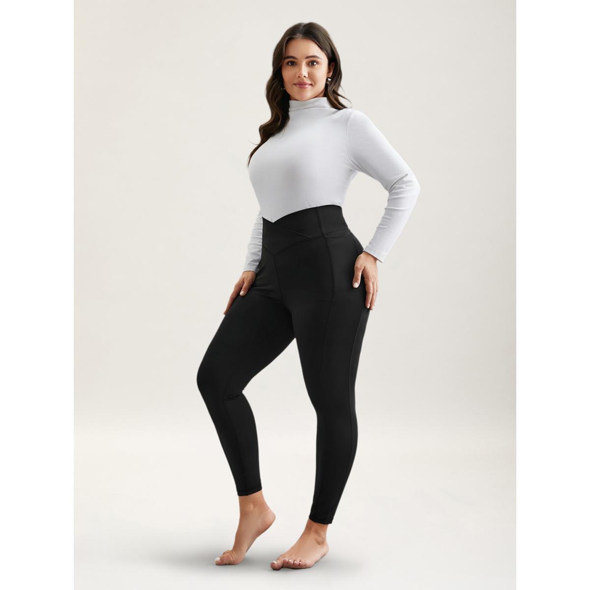 Plus Size Criss-Cross Waist Pocket Tight Pants Women Black Elegant High stretch Skinny Mid Rise Everyday Leggings BloomChic 12/L Product Image