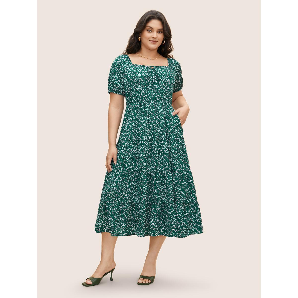 Plus Size Ditsy Floral Tie Knot Gathered Dress Teal Women Elegant Tie knot Square Neck Short sleeve Curvy BloomChic 14-16/1X Product Image