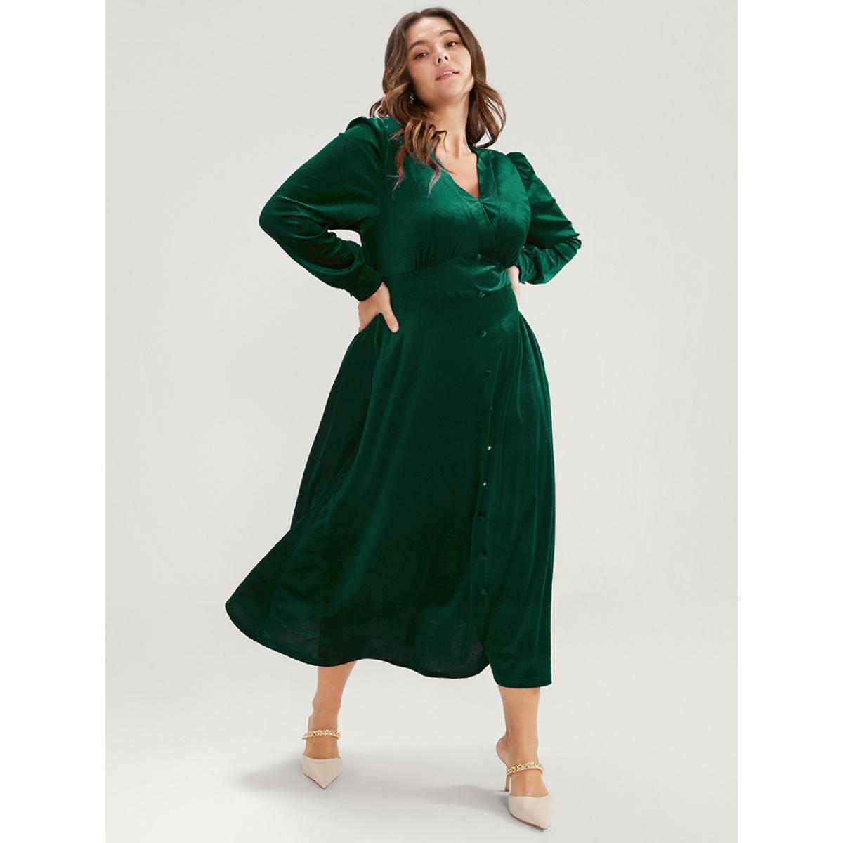 Plus Size Solid V Neck Button Detail Pocket Velvet Dress Green Women Glamour Button V-neck Long Sleeve Curvy Midi Dress BloomChic 30/6X Product Image