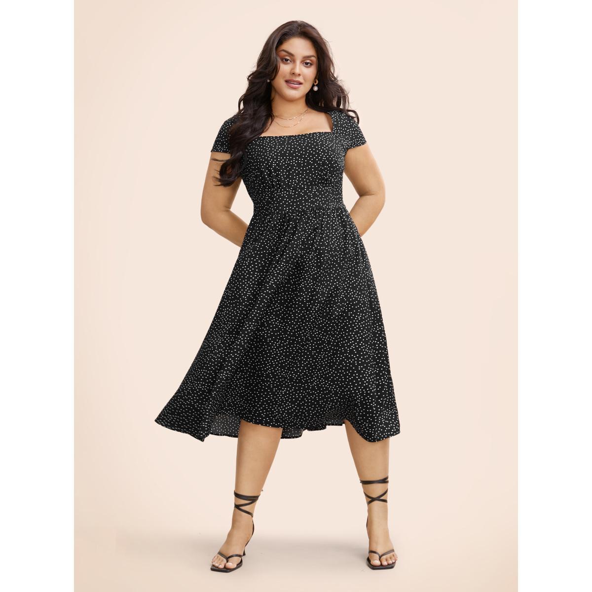 Plus Size Square Neck Polka Dot Shirred Midi Dress Black Women Elegant Shirred Square Neck Cap Sleeve Curvy BloomChic 14-16/1X Product Image