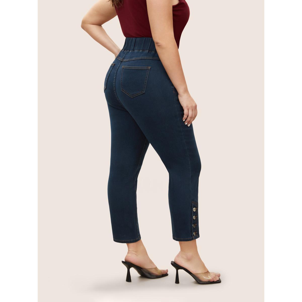 Plus Size Black Wash Button Detail Elastic Wais Slim Jeans Women Denimindigo Elegant Plain Non High stretch Pocket Jeans BloomChic 22/3X Product Image