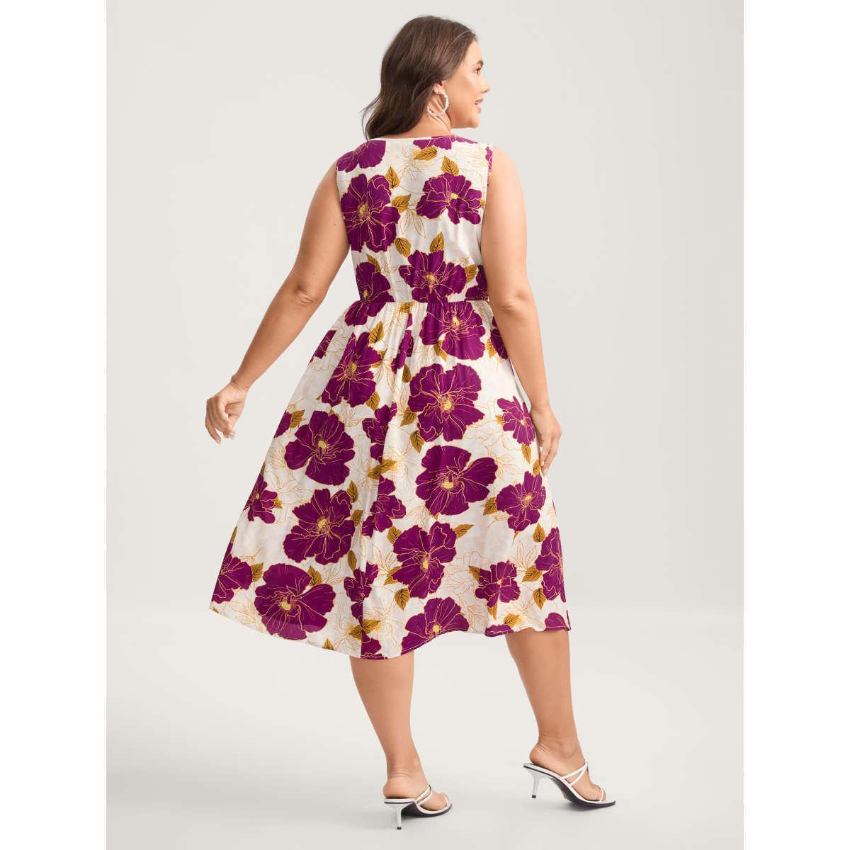 Plus Size Large Floral Print Pockets Midi Dress Peach Women Square Neck Sleeveless Curvy BloomChic 14-16/1X Product Image