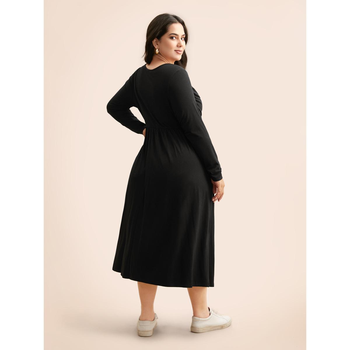 Plus Size Supersoft Essentials Boat Neck Gathered Dress Pureblack Women Casual Gathered Boat Neck Long Sleeve Curvy BloomChic 26/4X Product Image