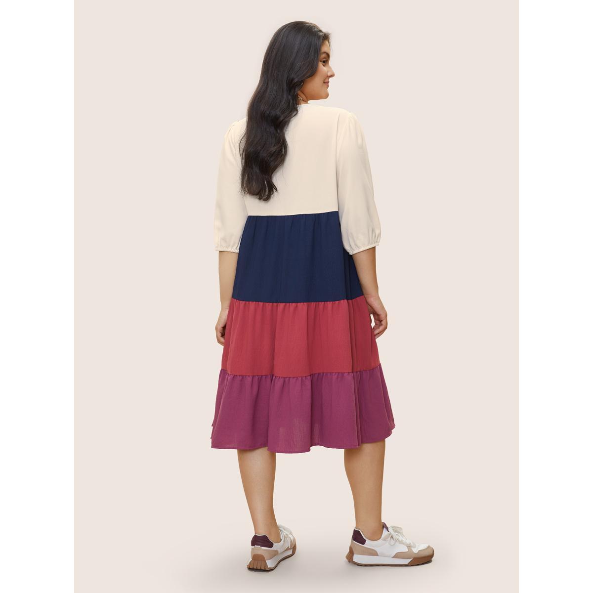 Plus Size Colorblock Contrast Button Detail Layered Hem Dress Multicolor Women Casual Non V-neck Elbow-length sleeve Curvy Midi Dress BloomChic 22-24/3X Product Image