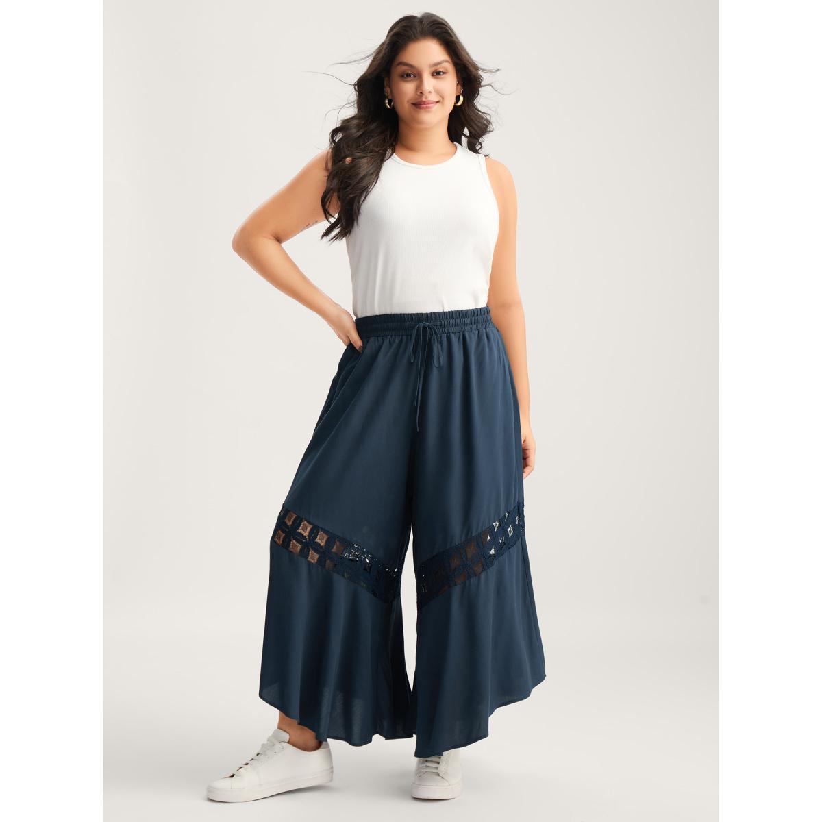 Plus Size Sheer Lace Trim Flared Drawstring Pants Women Indigo Casual Wide Leg Mid Rise Everyday-Casual Pants BloomChic 12/L Product Image
