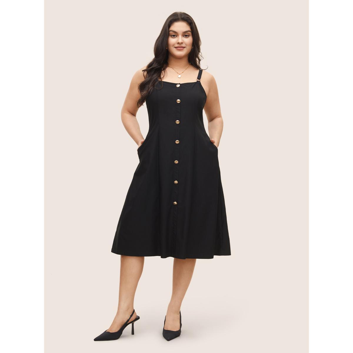 Plus Size Plain Adjustable Straps Metal Detail Pocket Dress Black Women At the Office Non Non Sleeveless Curvy Midi Dress BloomChic 22-24/3X Product Image