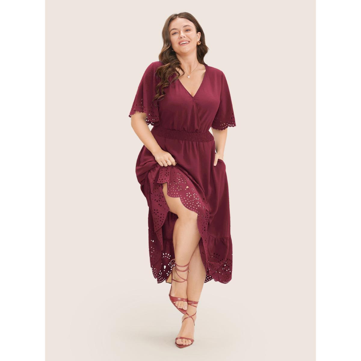 Plus Size Solid Laser Cut Shirred Pocket Wrap Scalloped Trim Flutter Dress Burgundy Women Elegant Non V-neck Short sleeve Curvy Midi Dress BloomChic 14-16/1X Product Image